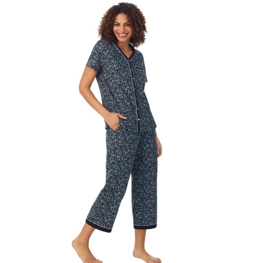 NEW NWT Black Floral Sz Small Capris & Shirt Soft Cotton Pajama Lounge Set ARIA - Picture 3 of 4